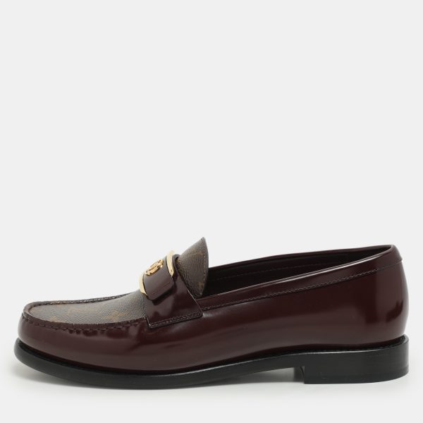 Louis Vuitton Burgundy Leather and Monogram Canvas Academy Loafers Size 38