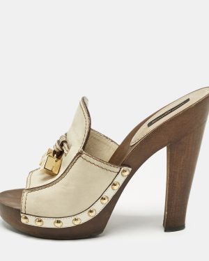 Louis Vuitton Cream Leather Logo Dice Clogs Size 37.5