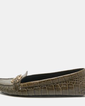 Louis Vuitton Green Croc Embossed Leather Dauphine Loafers Size 39.5