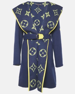 Louis Vuitton Navy Blue Monogram Collar Wool Felt Belted Coat L