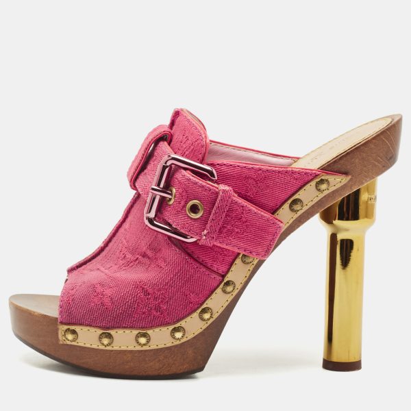 Louis Vuitton Pink Monogram Denim Rosa Platform Clog Mules Size 39