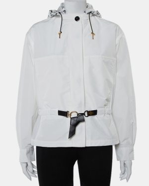 Louis Vuitton White Synthetic Logo Printed Hood Detail Belted Parka Jacket M