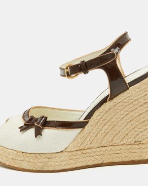 Louis Vuitton White/Brown Canvas and Patent Leather Espadrille Wedge Sandals Size 36.5