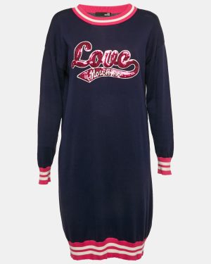 Love Moschino Navy Blue Sequin Embroidery Cotton Sweater Dress S