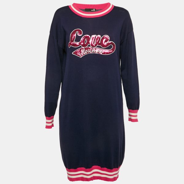 Love Moschino Navy Blue Sequin Embroidery Cotton Sweater Dress S