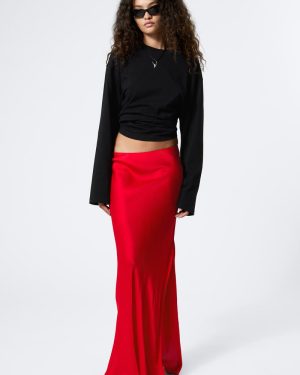 Low Rise Bias-Cut Satin Maxi Skirt