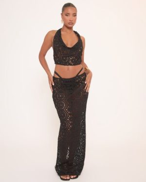 Low Rise Maxi Skirt In Black Crochet, Women's Size UK 8