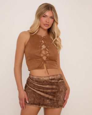 Low Rise Mini Skirt In Brown Faux Fur, Women's Size UK Large L