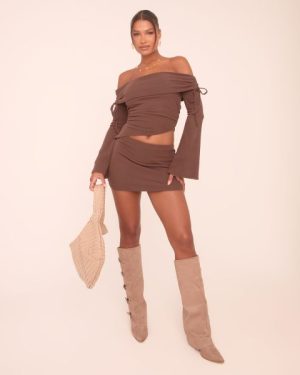 Low Rise Mini Skirt In Chocolate Brown Brushed Rib, Women's Size UK 8