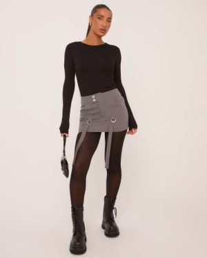 Low Rise Suspender Belt Detail Mini Bodycon Cargo Skirt In Grey, Women's Size UK 6