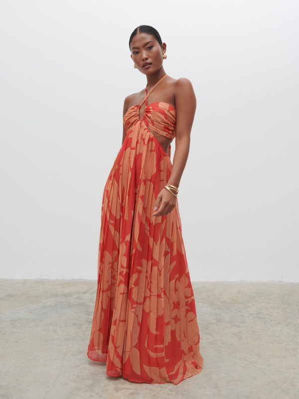 Lucie Cut Out Maxi Dress - Red and Beige Floral, 16
