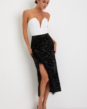Luminous Aura Black Sequin Feather High-Rise Tulip Midi Skirt