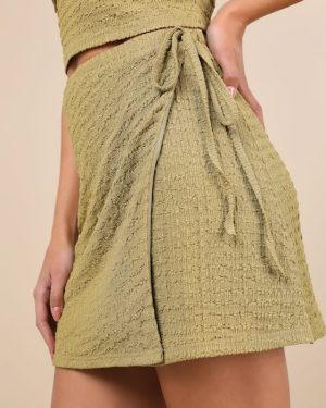 Luxe Cuteness Lime Green Textured Faux-Wrap Mini Skirt