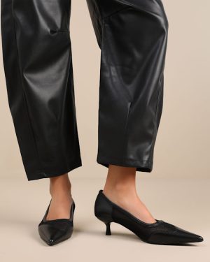 Lykke Black Leather Mesh Kitten Heel Pumps