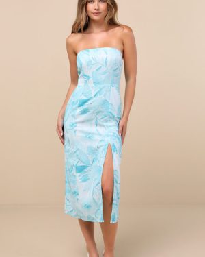 Lyra Light Blue Leaf Print Strapless Midi Dress