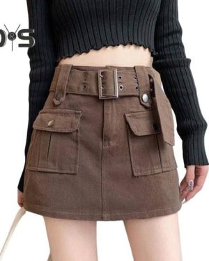 (M, coffee) Women Skirt Korean Style High Waist Mini Skirt With Belt Short Culotte Skirt Streetwear Big Pocket Cargo Skirt Shorts Conservative Anti-ex