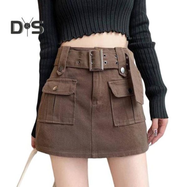 (M, coffee) Women Skirt Korean Style High Waist Mini Skirt With Belt Short Culotte Skirt Streetwear Big Pocket Cargo Skirt Shorts Conservative Anti-ex