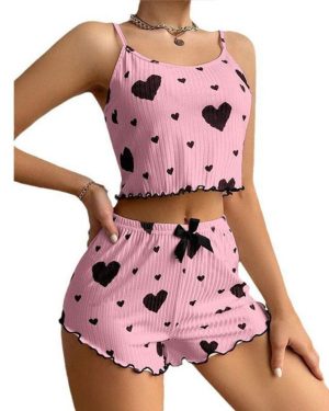 (M, pink) Sexy Love Hearts Printing Pajama Women Ladies Soft Tops And Shorts Pyjamas Set 2 Pcs Sleepwear Casual Lingerie