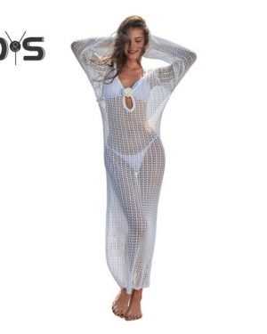 (M, white) Women Beach Dress Hollow Out Knitted Backless Lace-up Straps V Neck Loose Smock Cover-up Long Sleeve Sun Protection Lady Bikini Swimsuit Be