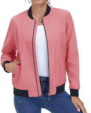MAGCOMSEN Womens Lightweight Bomber Jacket Stand Collar Work Pink XL