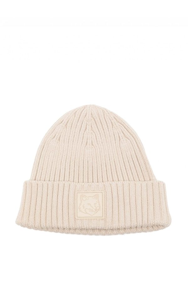MAISON KITSUNE PARIS LEATHER PATCH BEANIE Size: OS, colour: WHITE