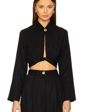 MATTHEW BRUCH Collared Long Sleeve Wrap Top in Black. Size 4, 6.