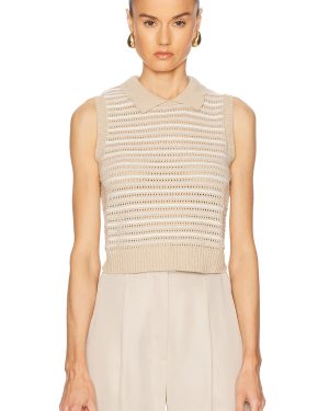 MATTHEW BRUCH Striped Mesh Collared Tank Top in Natural Knit - Beige. Size L (also in ).