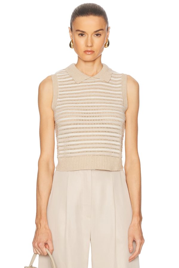 MATTHEW BRUCH Striped Mesh Collared Tank Top in Natural Knit - Beige. Size L (also in ).