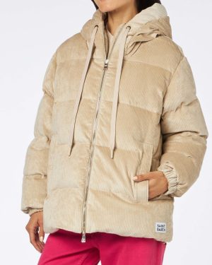 MC2 Saint Barth Woman Beige Corduroy Down Padded Jacket With Hoodie