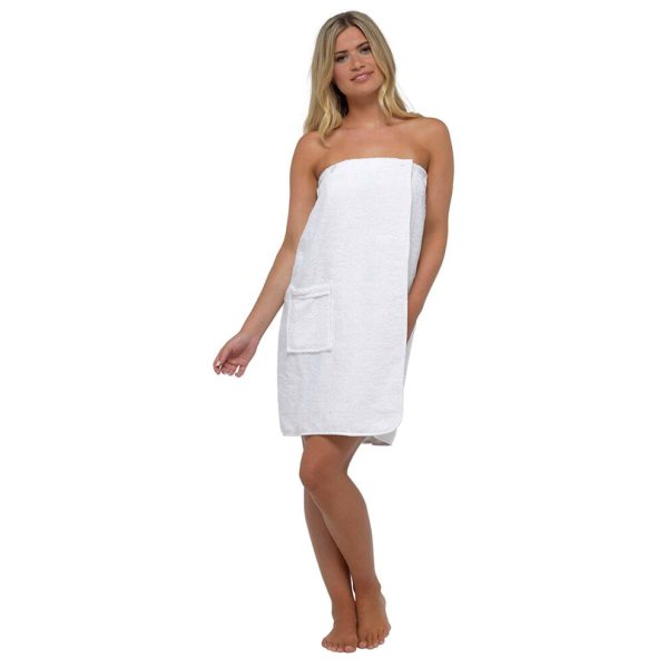 (M/L, White) Womens 100% Cotton Terry Cloth Spa Bath Towel Wrap Dress with Pocket
