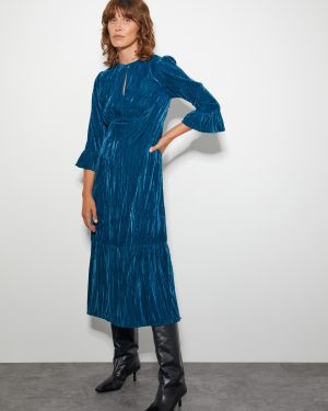 Mabel V-Front Crushed Velvet Midi Dress Teal