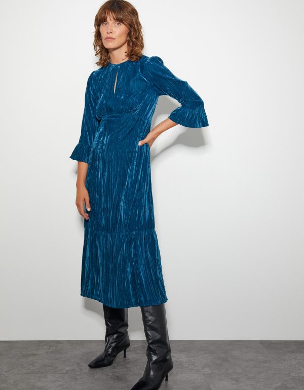 Mabel V-Front Crushed Velvet Midi Dress Teal