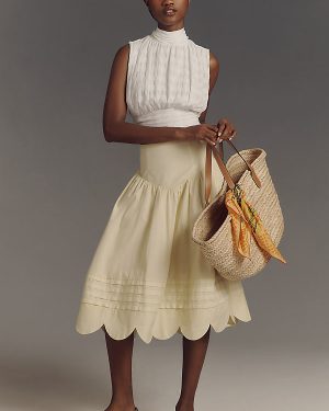 Maeve Basque-Waist Scallop-Hem Full Midi Skirt