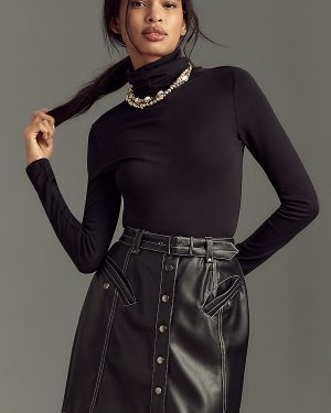 Maeve Faux-Leather Button-Front Belted Mini Skirt