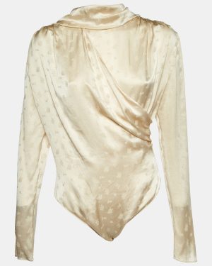 Magda Butrym Cream Floral Jacquard Silk Favara Draped Bodysuit M