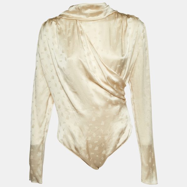 Magda Butrym Cream Floral Jacquard Silk Favara Draped Bodysuit M