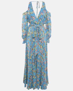 Maison D'Angelann Blue Floral Print Chiffon Maxi Dress S