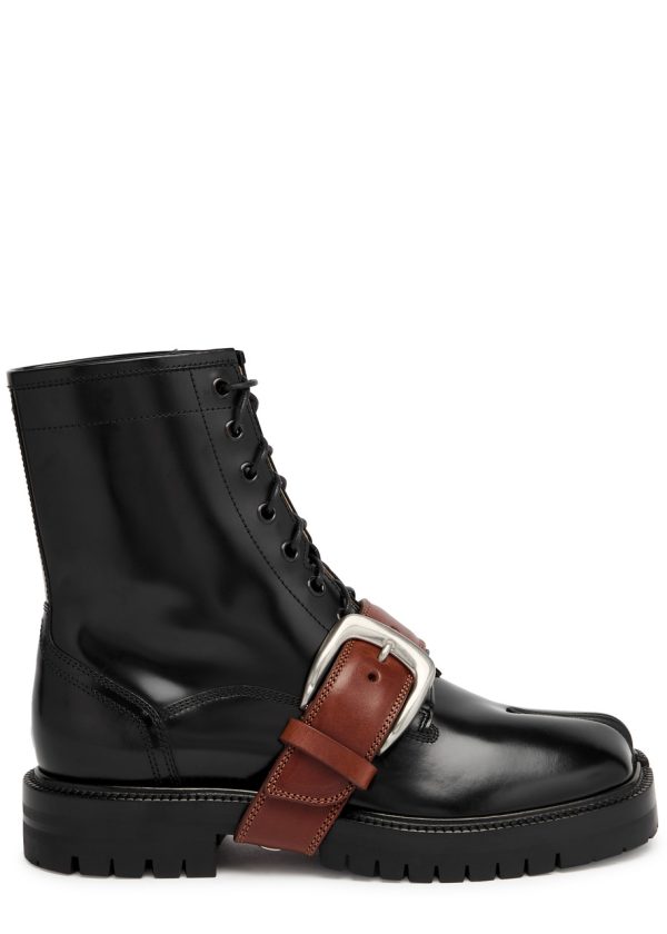 Maison Margiela Tabi Glossed Leather Combat Boots - Black - 38 (IT38 / UK5)