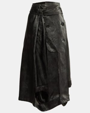 Maison Martin Margiela Black Faux Leather & Chiffon Midi Skirt M
