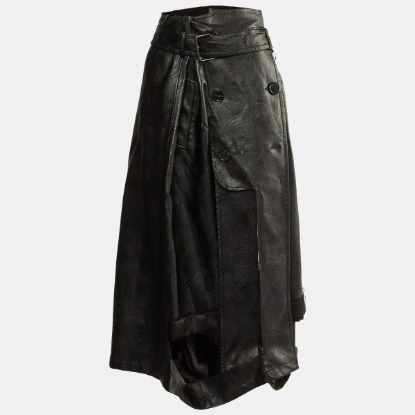 Maison Martin Margiela Black Faux Leather & Chiffon Midi Skirt M