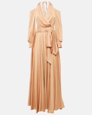Maison d'Angelann Gold Beige Silk Satin Draped Off-Shoulder Long Dress M