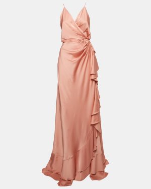 Maison d'Angelann Pink Satin Ruffled Wrap Long Dress M