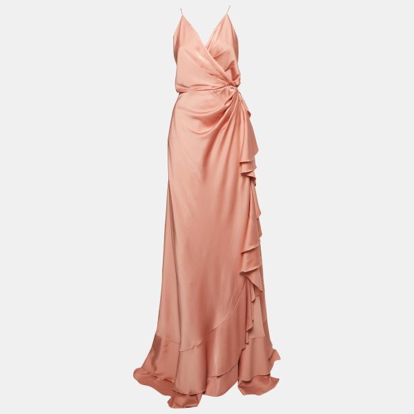 Maison d'Angelann Pink Satin Ruffled Wrap Long Dress M