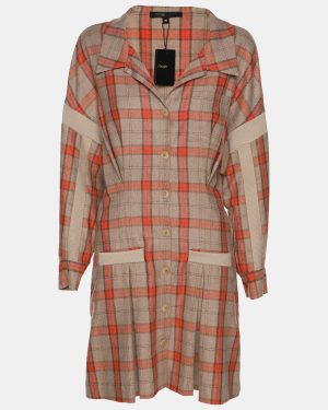 Maje Beige/Orange Check Wool Blend Knit Shirt Dress M