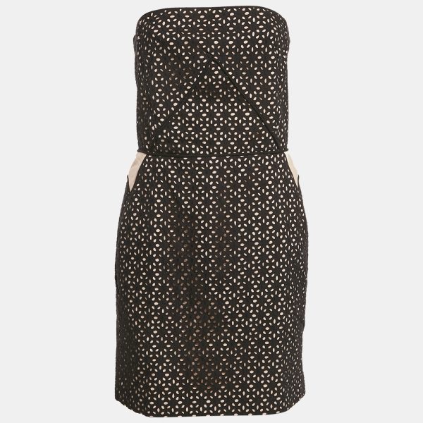 Maje Black Broderie Anglaise Cotton Strapless Mini Dress L