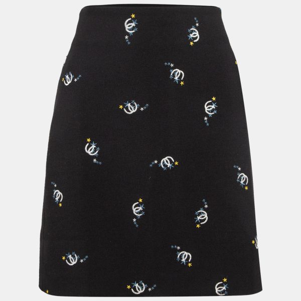 Maje Black Horseshoe Embroidered Crepe Trapeze Mini Skirt M