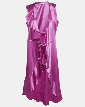 Maje Fuchsia Pink Satin Sleeveless Ripple Wrap Dress M