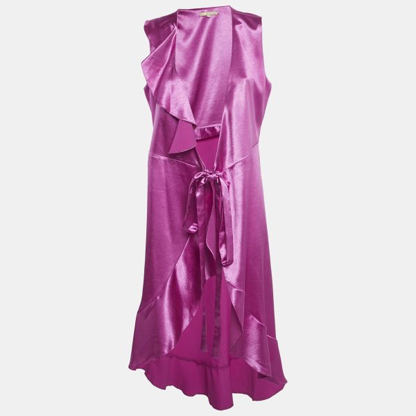 Maje Fuchsia Pink Satin Sleeveless Ripple Wrap Dress M