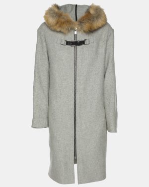Maje Grey Wool Blend and Faux Fur Hood Coat S
