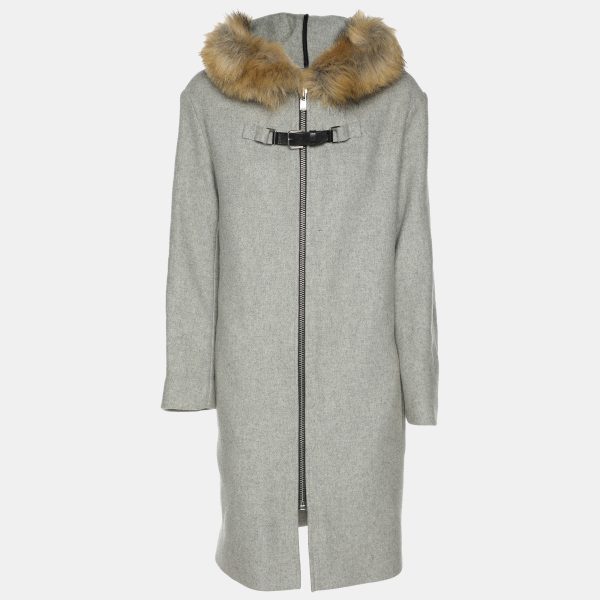 Maje Grey Wool Blend and Faux Fur Hood Coat S
